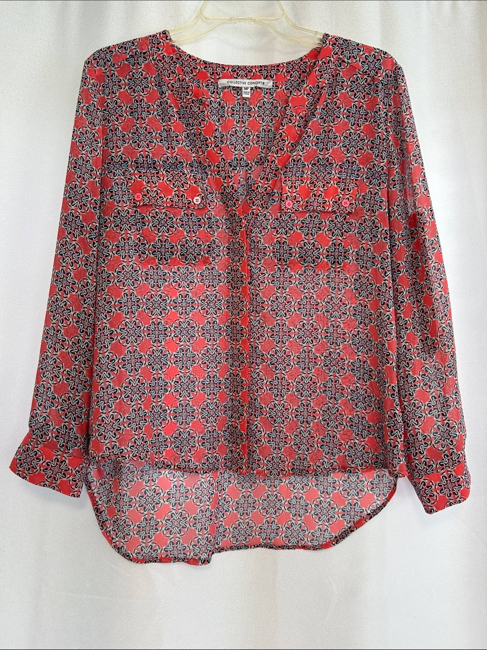 Collective Concepts Coral and Blue Printed button down V-Neck Blouse